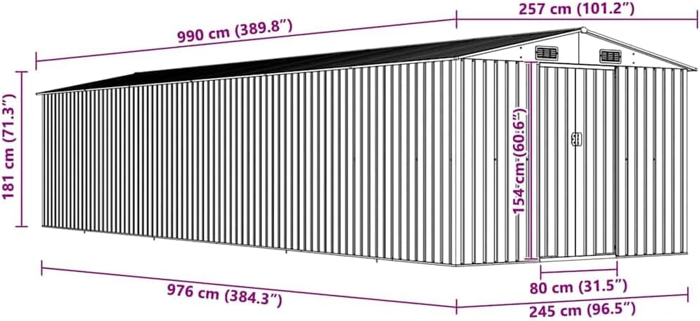 KMUNGDWG Geräteschuppen Verzinkter Stahl Grau 257x990x181cm Doppelschiebetüren
