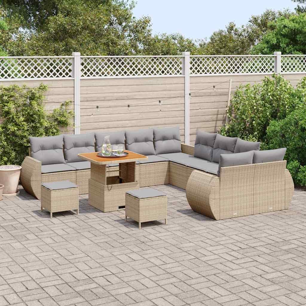 GFMGUEMV 13-teilig Poly-Rattan Lounge Set Beige mit Akazienholz-Tisch