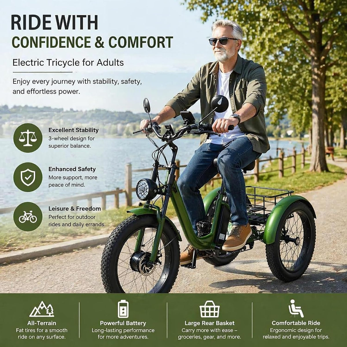 ZRLYbau Elektro Dreirad Für Erwachsene 24 Zoll 7 Gang Fat Tire E-Trike Mit Korb Grün