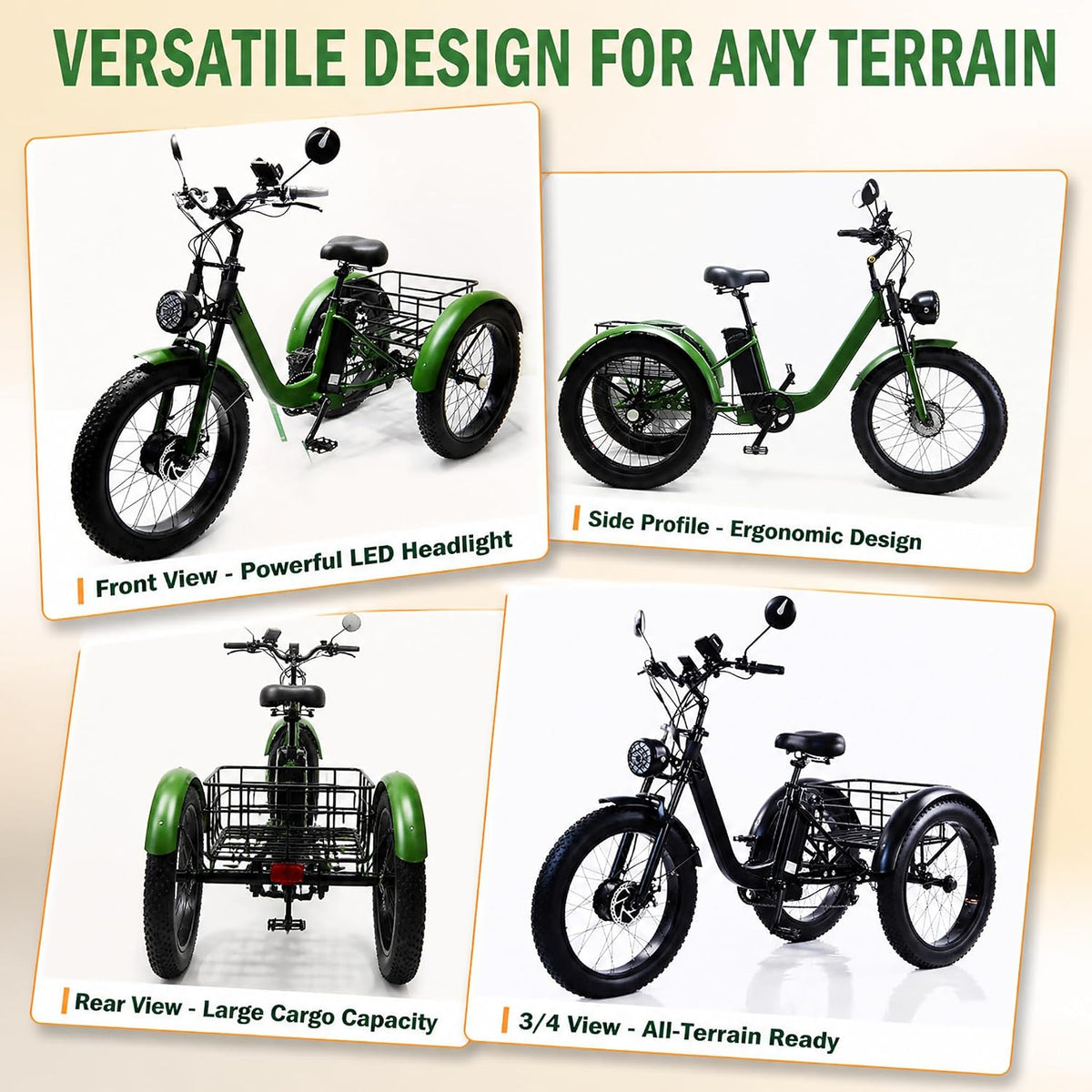 ZRLYbau Elektro Dreirad Für Erwachsene 24 Zoll 7 Gang Fat Tire E-Trike Mit Korb Grün