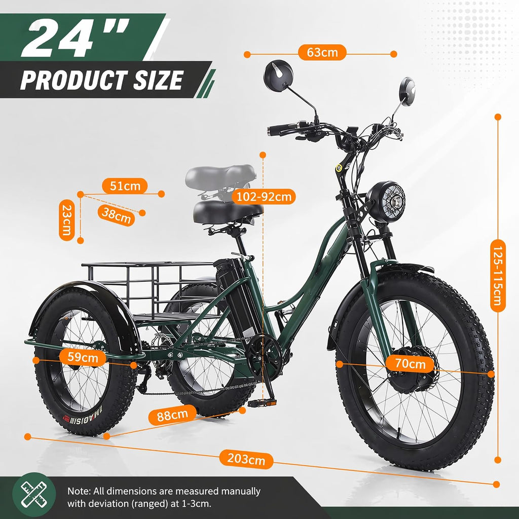 ZRLYbau Elektro Dreirad Für Erwachsene 24 Zoll 7 Gang Fat Tire E-Trike Mit Korb Grün