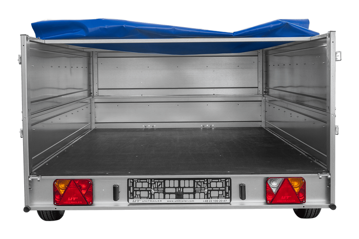 Einachsanhänger 264×150 UNITRAILER GARDEN 265 KIPP mit zusätzlichen Bordwänden, H-0-Rahmen und blauer Plane-Neu