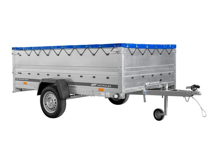 Einachsanhänger 264×150 UNITRAILER GARDEN 265 KIPP mit zusätzlichen Bordwänden, H-0-Rahmen und blauer Plane-Neu