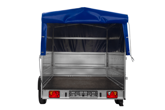 Einachsanhänger 264×150 UNITRAILER GARDEN 265 KIPP mit zusätzlichen Bordwänden, H-800-Hochspriegel und blauer Plane-Neu
