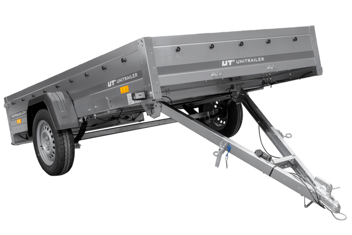 Einachsiger Anhänger auf Blattfedern 264×150 UNITRAILER GARDEN 265/R KIPP mit H-0-Rahmen und grauer Plane-Neu