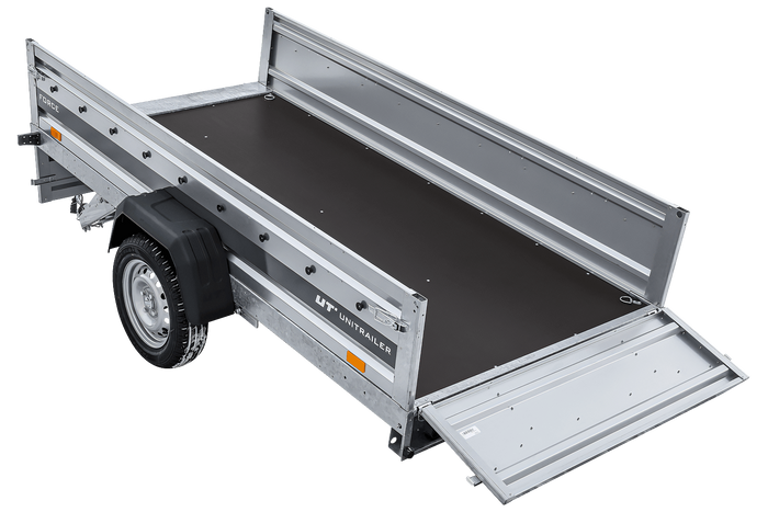 Einachsiger Anhänger auf Blattfedern 264×125 UNITRAILER FORCE 264/R KIPP mit BIS-Seitenwänden, H-0-Rahmen und blauer Plane-Neu