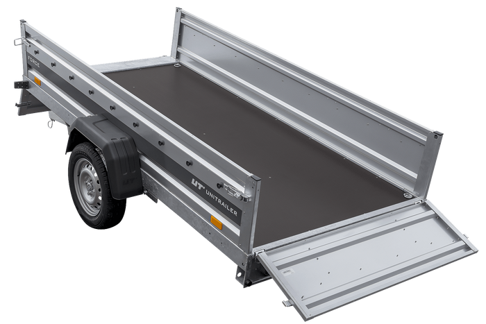 Einachsiger Anhänger mit Blattfedern 264×125 UNITRAILER FORCE 264/R KIPP mit H-1100 Rahmen und grauer Plane-Neu