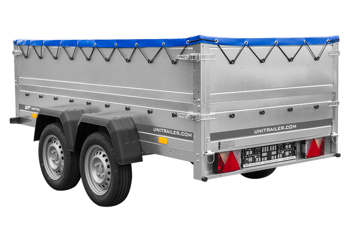 GARDEN TRAILER 264/2 KIPP Zweiachsanhänger mit Stützrad, Planenträgern, zus. Bordwänden und blauer Flachplane-Neu