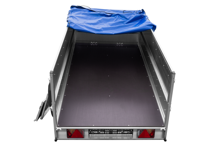 GARDEN TRAILER 264/2 KIPP Zweiachsanhänger mit Stützrad, Planenträgern, zus. Bordwänden und blauer Flachplane-Neu