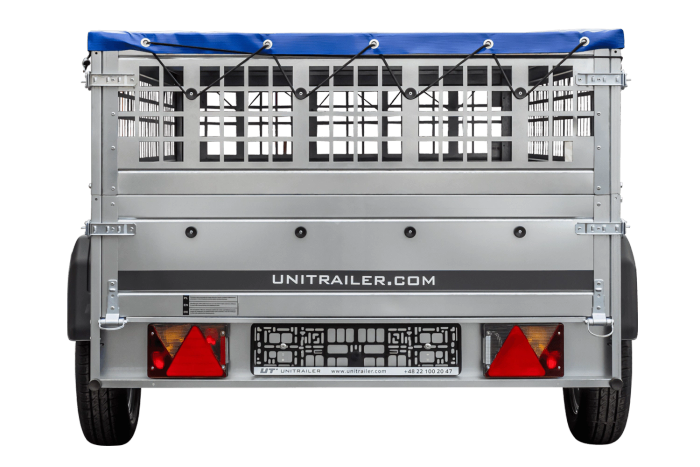 Leichter Anhänger auf Blattfedern 230×125 UNITRAILER GARDEN 230/R KIPP mit Gitterwänden, H-0-Rahmen und blauer Plane-Neu