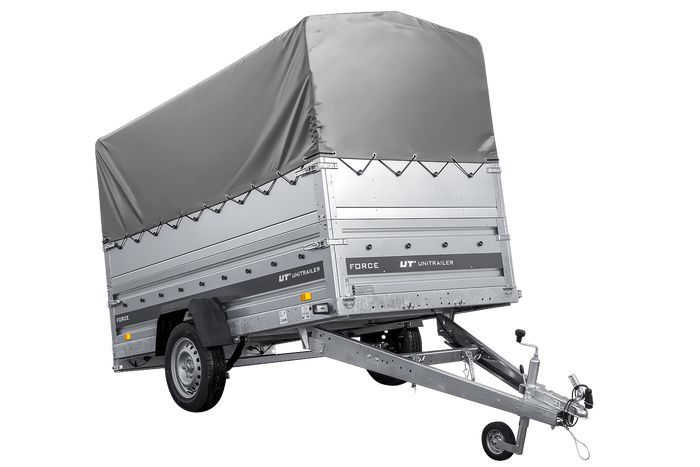 Leichter Anhänger auf Blattfedern 264×125 UNITRAILER FORCE 264/R KIPP mit BIS-Seitenwänden, H-800-Rahmen und grauer Plane-Neu