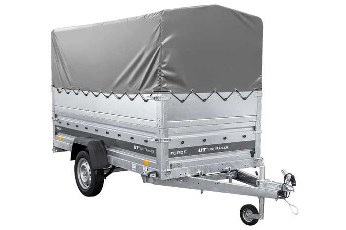 Leichter Anhänger auf Blattfedern 264×125 UNITRAILER FORCE 264/R KIPP mit BIS-Seitenwänden, H-800-Rahmen und grauer Plane-Neu