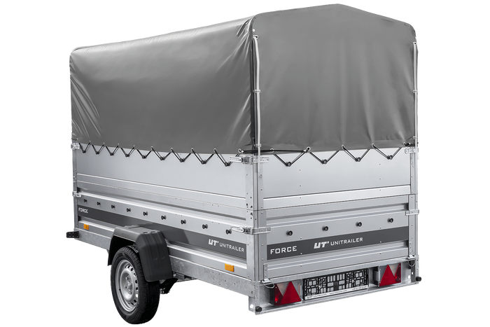 Leichter Anhänger auf Blattfedern 264×125 UNITRAILER FORCE 264/R KIPP mit BIS-Seitenwänden, H-800-Rahmen und grauer Plane-Neu