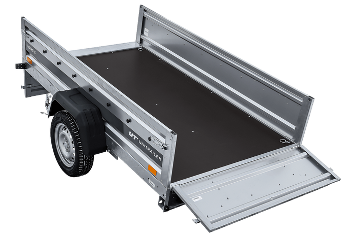 Leichter Anhänger auf Federn 230×125 UNITRAILER FORCE 230/R KIPP mit Gitterwänden, H-0-Rahmen und blauer Plane-Neu