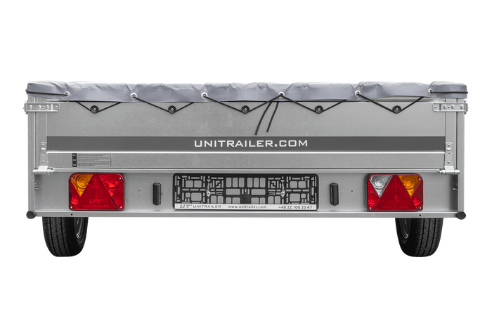 PKW Anhänger 264×150 UNITRAILER GARDEN 265 KIPP mit Flachplanenträger und grauer Plane-Neu