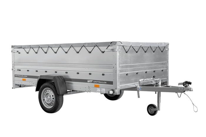 PKW-Anhänger 264×150 UNITRAILER GARDEN 265 KIPP mit zusätzlichen Bordwänden, H-0-Rahmen und grauer Plane-Neu