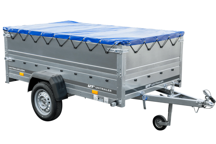 PKW-Anhänger auf Federn 230×125 UNITRAILER GARDEN 230/R KIPP mit BIS-Bordwänden, H-0-Rahmen und blauer Plane-Neu