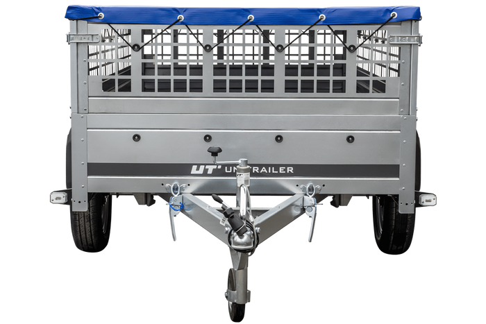 Pkw Transport Anhänger 230×125 Garden Trailer 230 KIPP mit Laubgitteraufsatz, blauer Flachplane, Planenträgern und Stützrad-Neu