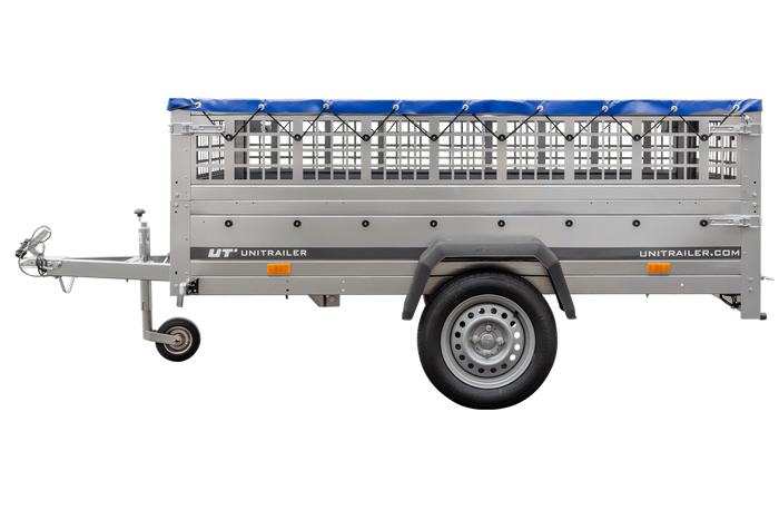 Pkw Transport Anhänger 230×125 Garden Trailer 230 KIPP mit Laubgitteraufsatz, blauer Flachplane, Planenträgern und Stützrad-Neu