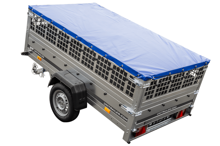 Pkw Transport Anhänger 230×125 Garden Trailer 230 KIPP mit Laubgitteraufsatz, blauer Flachplane und Stützrad-Neu